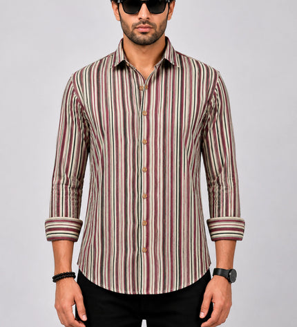 Men Beige & Maroon Vertical Striped Casual Shirt