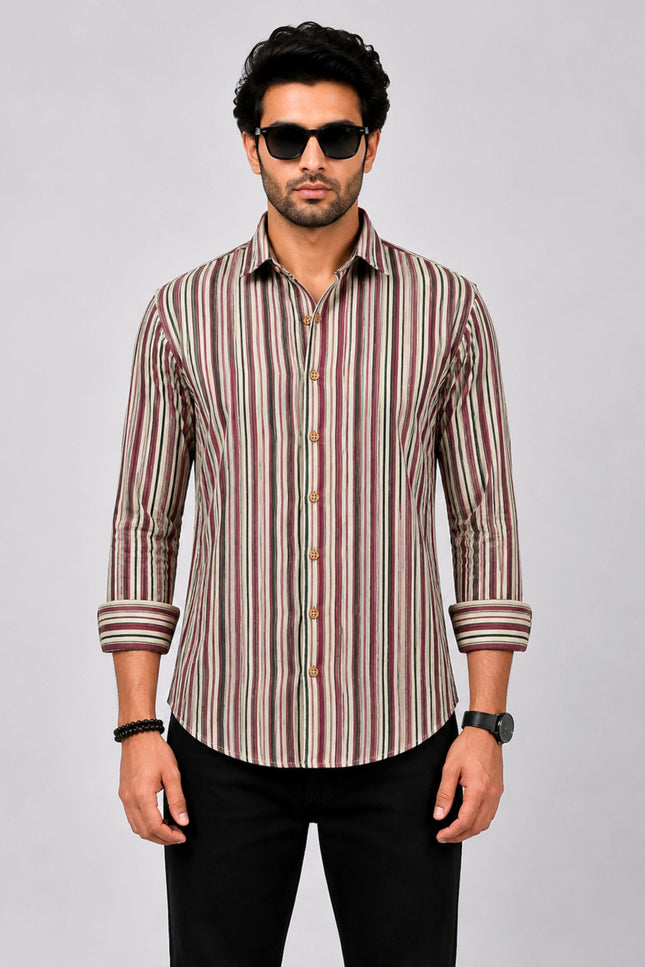 Men Beige & Maroon Vertical Striped Casual Shirt