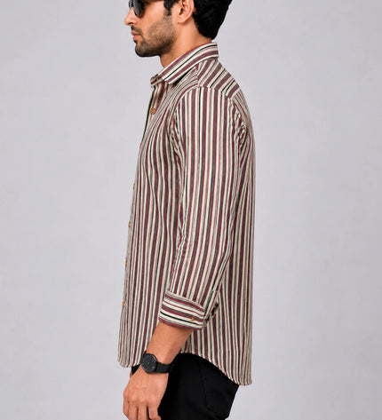 Men Beige & Maroon Vertical Striped Casual Shirt