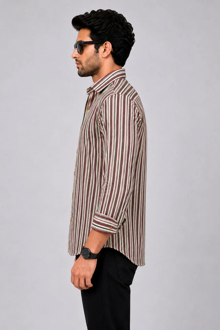 Men Beige & Maroon Vertical Striped Casual Shirt