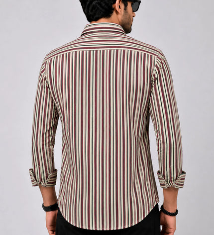 Men Beige & Maroon Vertical Striped Casual Shirt