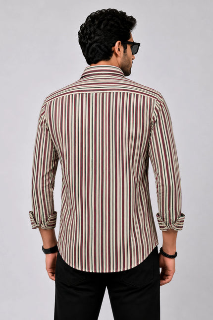 Men Beige & Maroon Vertical Striped Casual Shirt