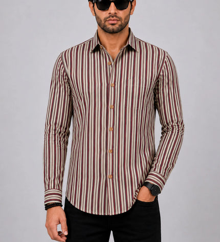 Men Beige & Maroon Vertical Striped Casual Shirt