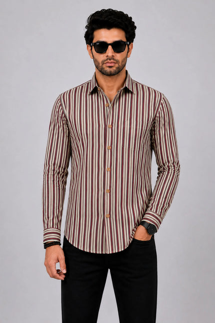 Men Beige & Maroon Vertical Striped Casual Shirt