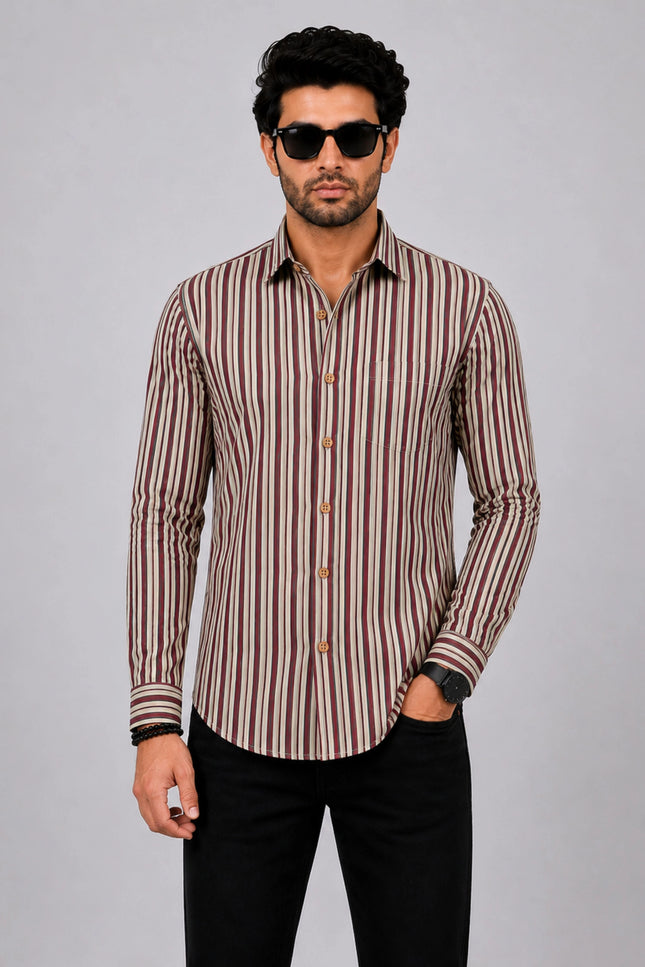 Men Beige & Maroon Vertical Striped Casual Shirt