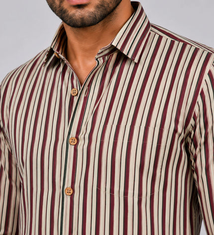 Men Beige & Maroon Vertical Striped Casual Shirt