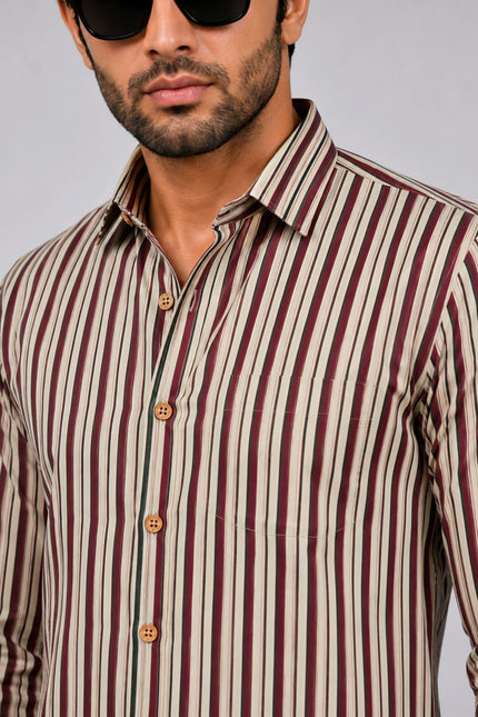 Men Beige & Maroon Vertical Striped Casual Shirt