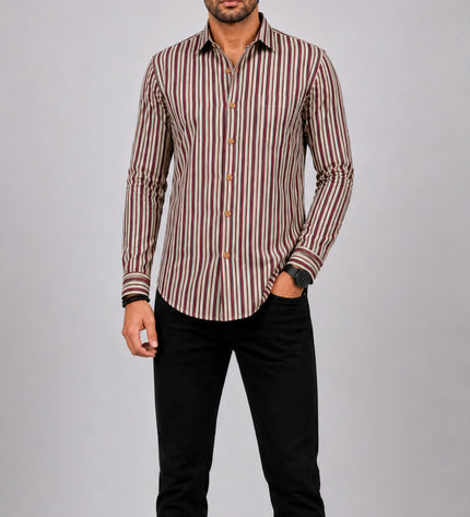 Men Beige & Maroon Vertical Striped Casual Shirt