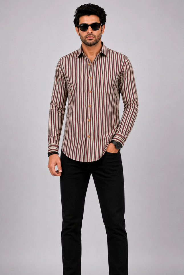 Men Beige & Maroon Vertical Striped Casual Shirt