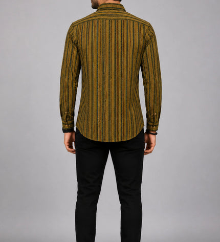 Men Olive & Black Vertical Striped Casual Shirt