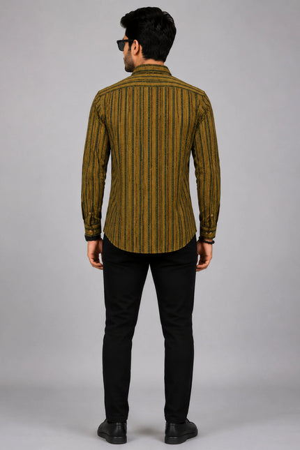 Men Olive & Black Vertical Striped Casual Shirt