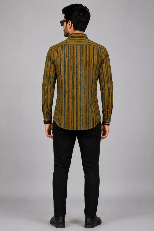 Men Olive & Black Vertical Striped Casual Shirt