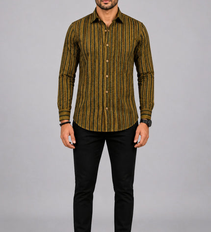 Men Olive & Black Vertical Striped Casual Shirt