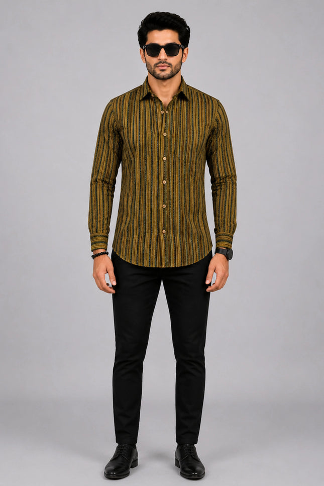 Men Olive & Black Vertical Striped Casual Shirt