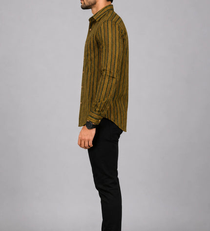Men Olive & Black Vertical Striped Casual Shirt