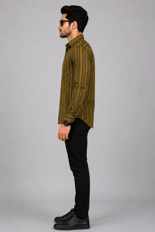 Men Olive & Black Vertical Striped Casual Shirt