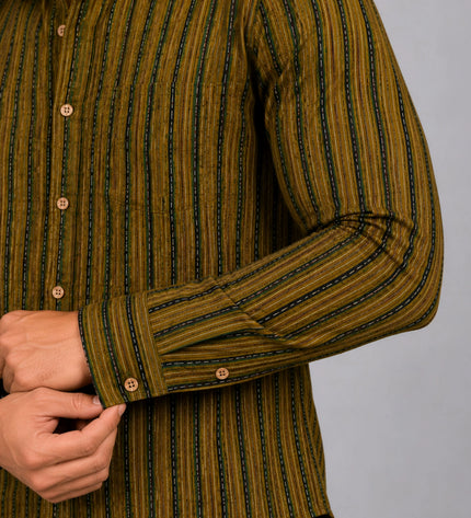Men Olive & Black Vertical Striped Casual Shirt