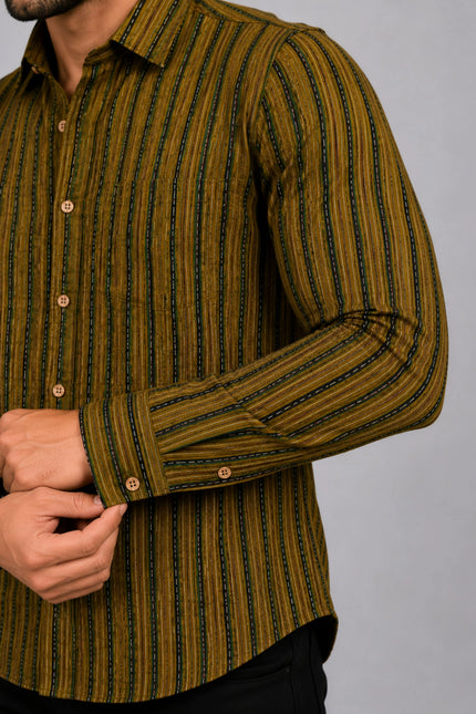 Men Olive & Black Vertical Striped Casual Shirt