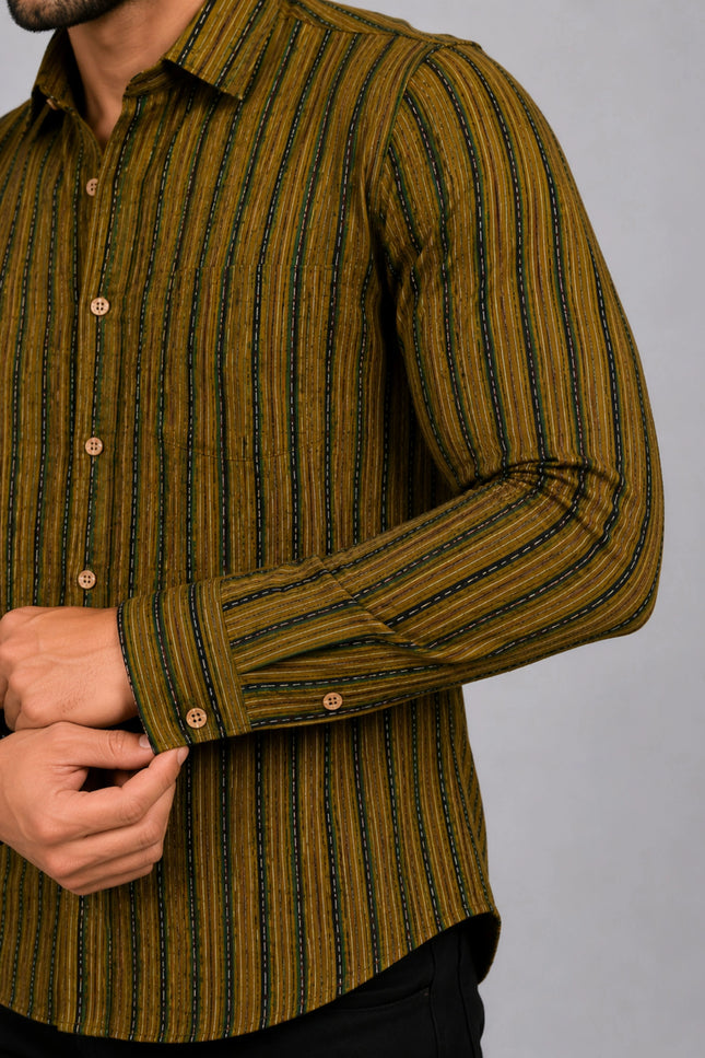 Men Olive & Black Vertical Striped Casual Shirt