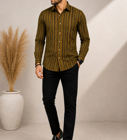 Men Olive & Black Vertical Striped Casual Shirt