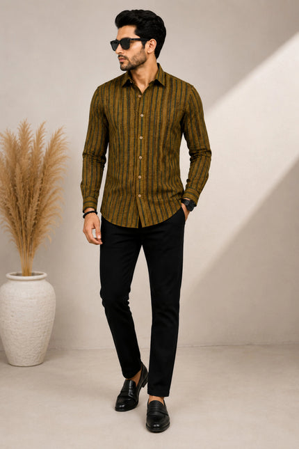 Men Olive & Black Vertical Striped Casual Shirt