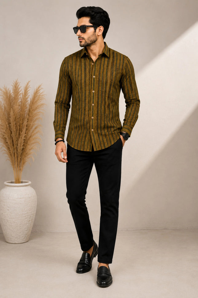Men Olive & Black Vertical Striped Casual Shirt