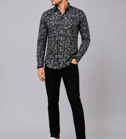 Men Black Abstract Printed Casual Shirt | Full Sleeve Regular Fit Designer Shirt
