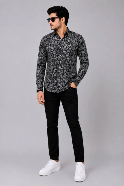 Men Black Abstract Printed Casual Shirt | Full Sleeve Regular Fit Designer Shirt