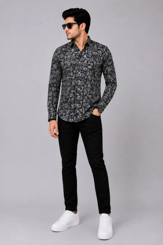 Men Black Abstract Printed Casual Shirt | Full Sleeve Regular Fit Designer Shirt
