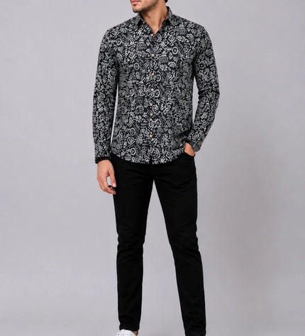 Men Black Abstract Printed Casual Shirt | Full Sleeve Regular Fit Designer Shirt