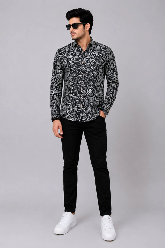 Men Black Abstract Printed Casual Shirt | Full Sleeve Regular Fit Designer Shirt