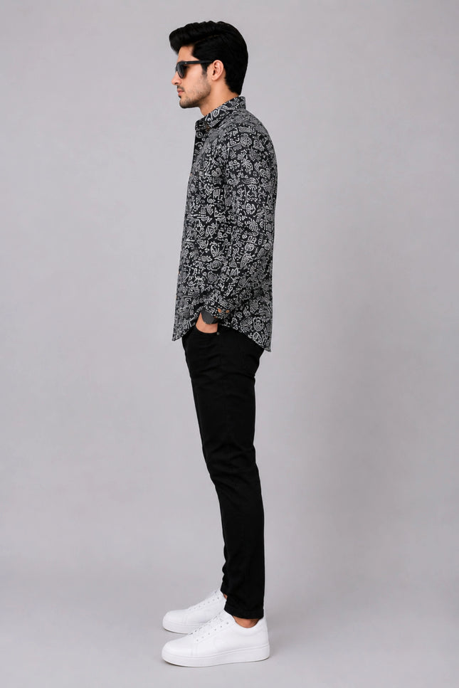 Men Black Abstract Printed Casual Shirt | Full Sleeve Regular Fit Designer Shirt
