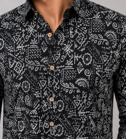 Men Black Abstract Printed Casual Shirt | Full Sleeve Regular Fit Designer Shirt