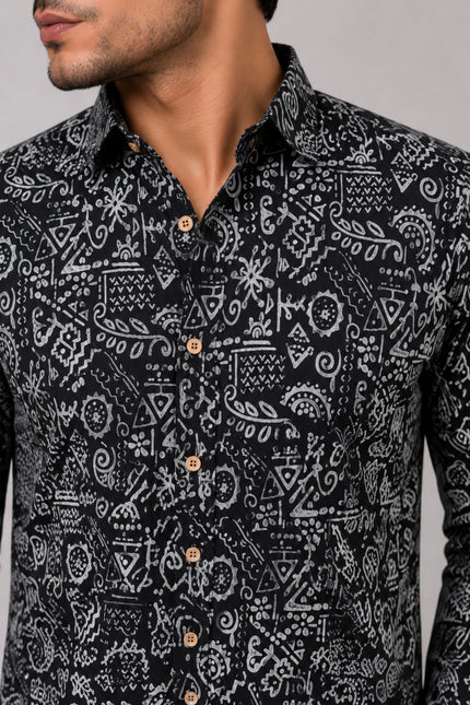 Men Black Abstract Printed Casual Shirt | Full Sleeve Regular Fit Designer Shirt