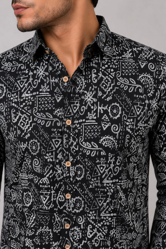 Men Black Abstract Printed Casual Shirt | Full Sleeve Regular Fit Designer Shirt