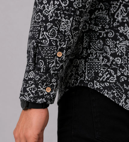 Men Black Abstract Printed Casual Shirt | Full Sleeve Regular Fit Designer Shirt