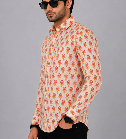 Men Orange Floral Printed Casual Shirt