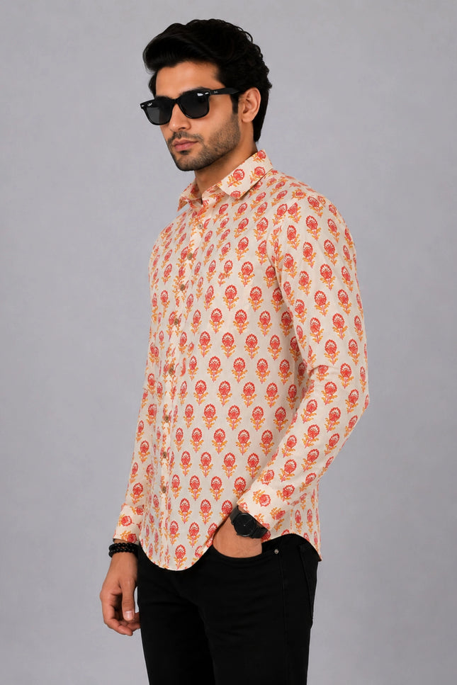 Men Orange Floral Printed Casual Shirt