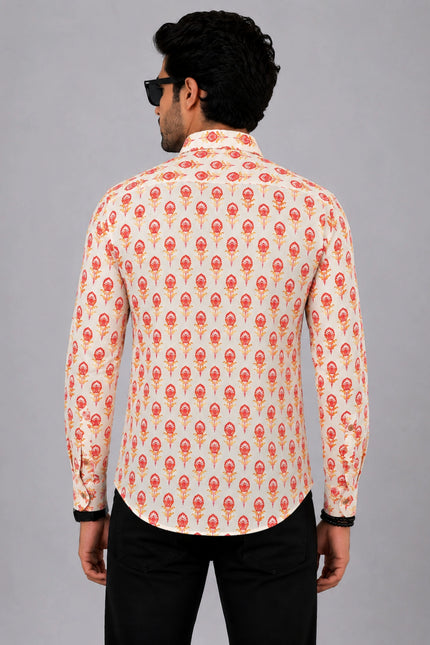 Men Orange Floral Printed Casual Shirt