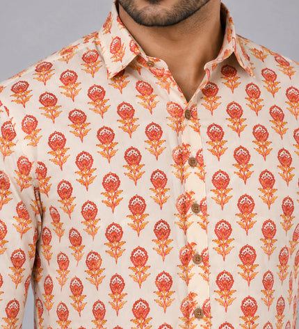 Men Orange Floral Printed Casual Shirt
