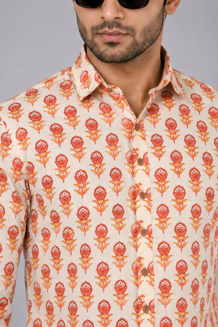 Men Orange Floral Printed Casual Shirt