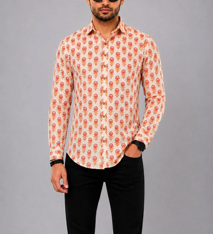 Men Orange Floral Printed Casual Shirt