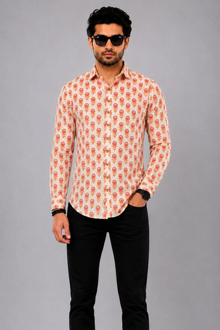 Men Orange Floral Printed Casual Shirt