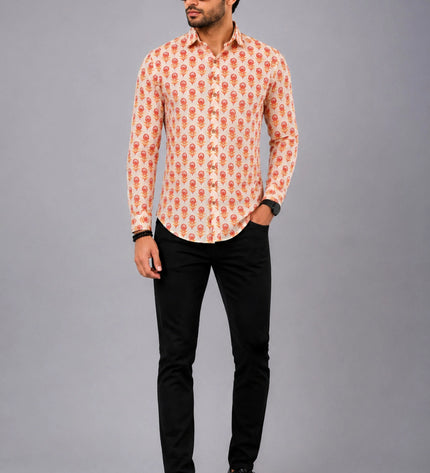 Men Orange Floral Printed Casual Shirt