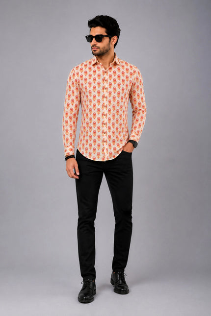Men Orange Floral Printed Casual Shirt