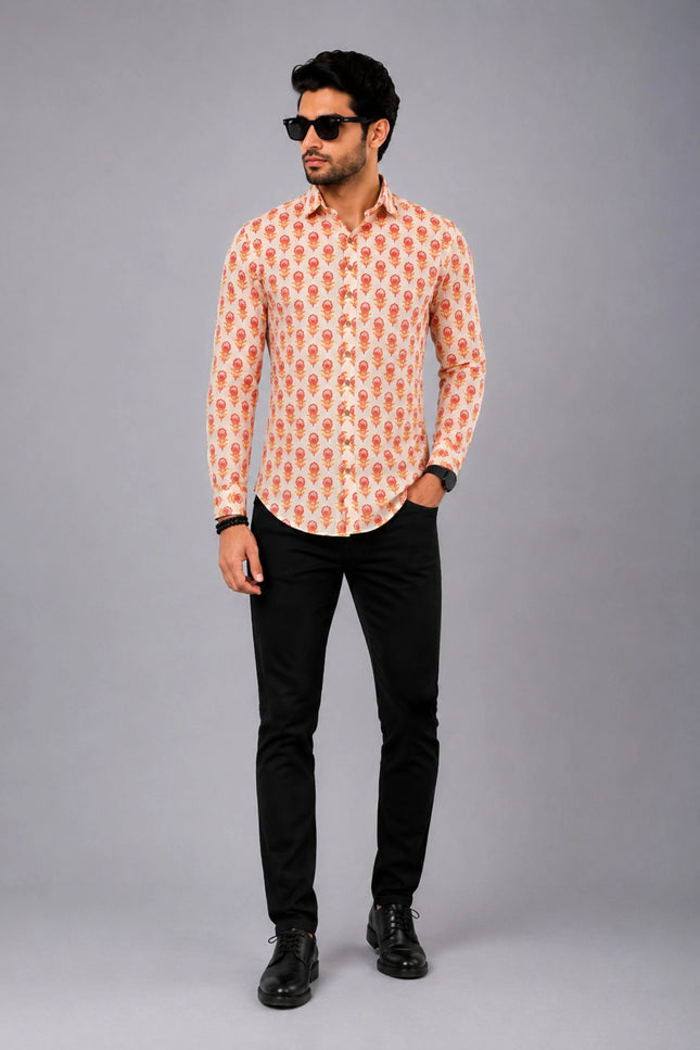 Men Orange Floral Printed Casual Shirt