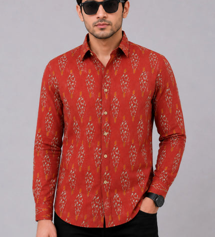 Men Rust Orange Printed Full Sleeve Casual Shirt