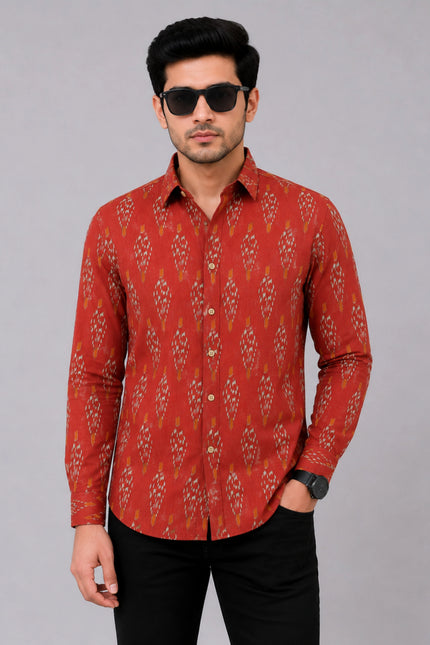 Men Rust Orange Printed Full Sleeve Casual Shirt