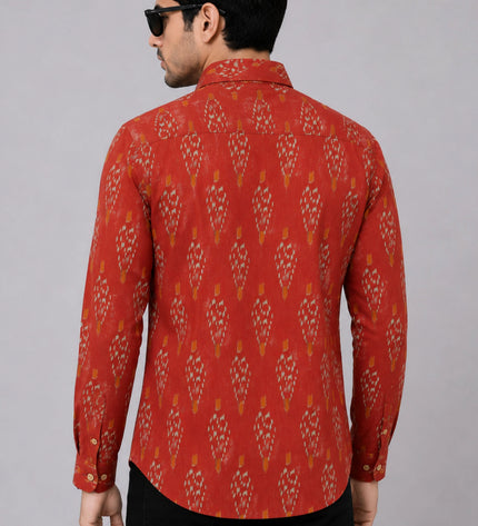 Men Rust Orange Printed Full Sleeve Casual Shirt