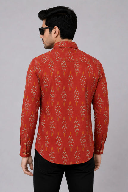Men Rust Orange Printed Full Sleeve Casual Shirt